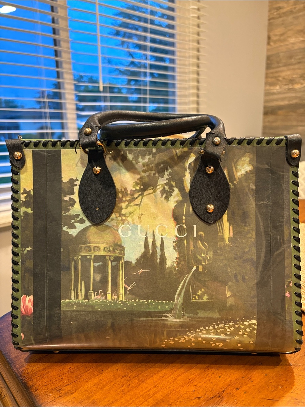 Fashion Green Multi Garden Print Leather Satchel. Upcycled